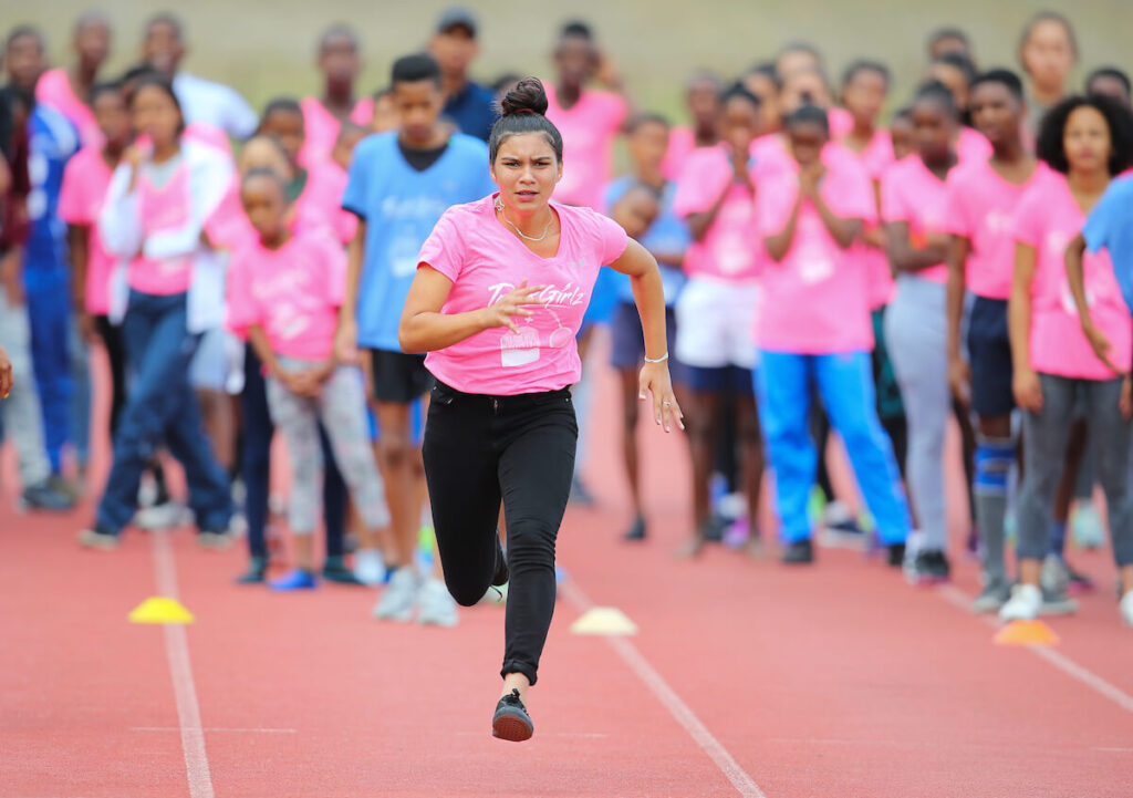 CAPE TOWN, SOUTH AFRICA - MARCH 10: a young athletes sprints down the straight during the TrackGirlz events at University of Western Cape on March 10, 2018 in Cape Town, South Africa. (Photo by Roger Sedres/ImageSA)