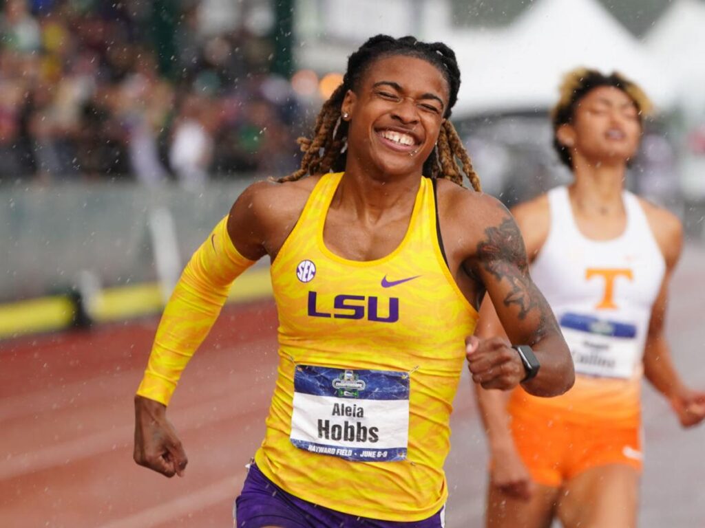 Hobbs competes in the rain in her LSU kit. 