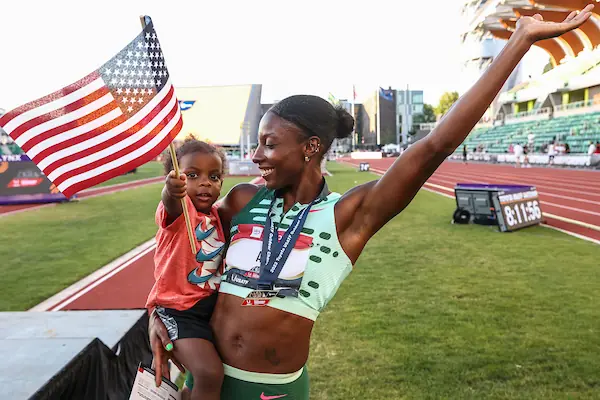 USATF Outdoor Track and Field Championships held at Hayward Field. Ali holds her child and USA flag
