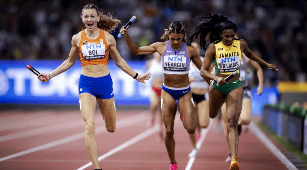 Bol anchors the Dutch 4x400m mixed relay team to a win at the final at the World Athletics Championships in Budapest. 