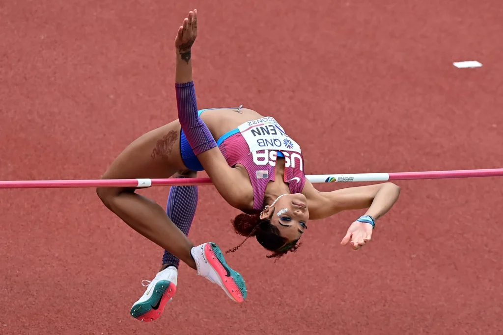 Glenn jumps over the high jump bar at the 2022 World Championships 