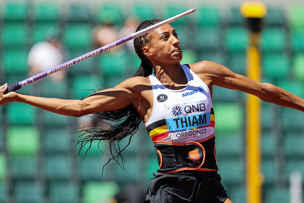 Thiam throws the javelin.